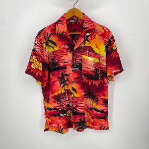 Vintage Mens Hawaiian Shirt / Colorful Sunset Button Down Camp Shirt Size L